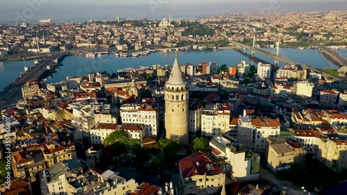 Galata Tower aerial view with Drone From Istanbul Turkiye.