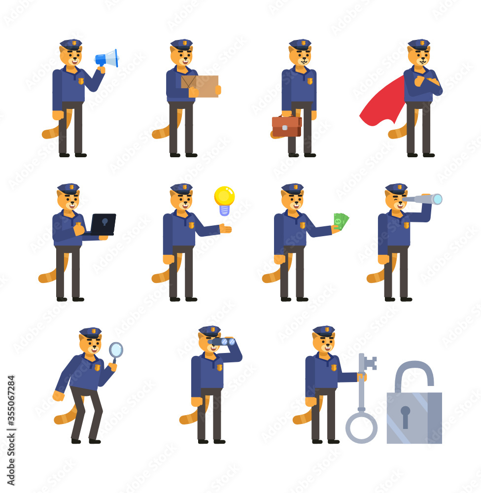 Set of cat policeman characters in various situations. Cat officer holding parcel box, loudspeaker, idea bulb, spyglass and showing other actions. Simple design vector illustration Set of cat policeman characters in various situations. Cat officer holding parcel box, loudspeaker, idea bulb, spyglass and showing other actions. Simple design vector illustration