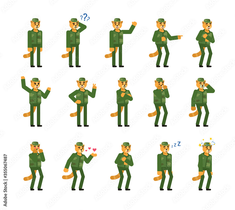 Set of cat soldier characters showing various emotions. Military cat crying, laughing, tired, angry, sleeping and showing other expressions. Minimal design vector illustration Set of cat soldier characters showing various emotions. Military cat crying, laughing, tired, angry, sleeping and showing other expressions. Minimal design vector illustration