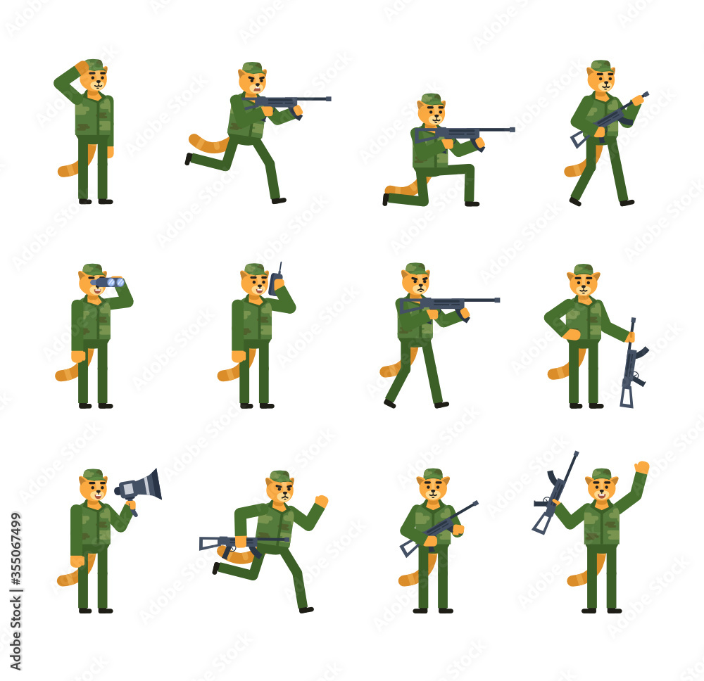 Set of cat soldier characters in various situations. Military cat with gun walking, running, guarding and showing other actions. Minimal design vector illustration