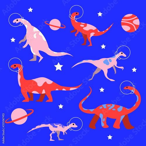 Dinosaurs in space set vector illustration for kids in flat style