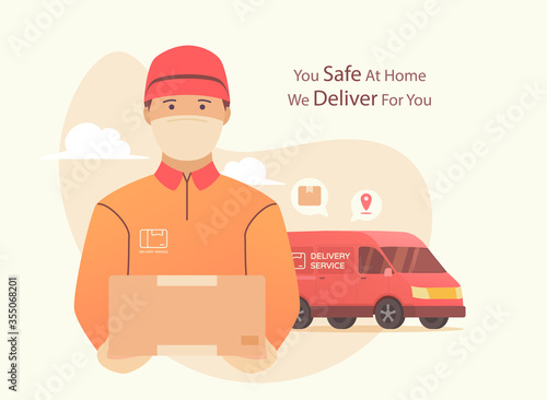 Delivery during pandemic coronovirus. Courier using surgical mask with box in his hand. Portrait from the waist up.