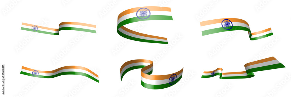 Set of holiday ribbons. Flag of India waving in the wind. Separation into lower and upper layers. Design element. Vector on a white background