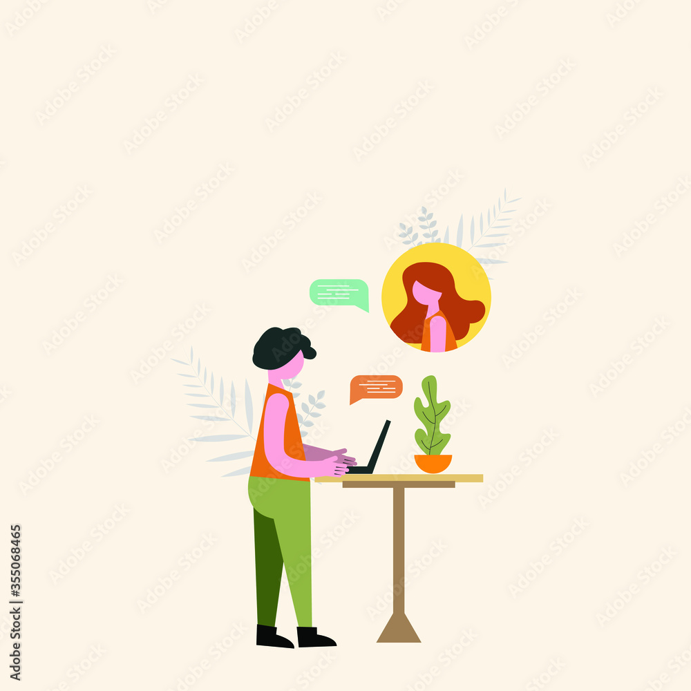 Obraz premium Guy chatting with a friend online vector colorful illustration in flat style