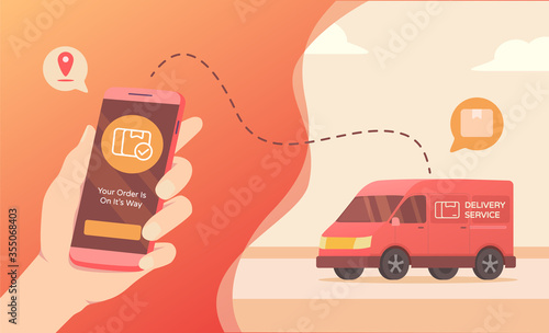 Fast delivery service app on mobile phone: van delivering box customer tracking an order using smartphone, sunny weather in the background, logistics and technology concept modern flat style.