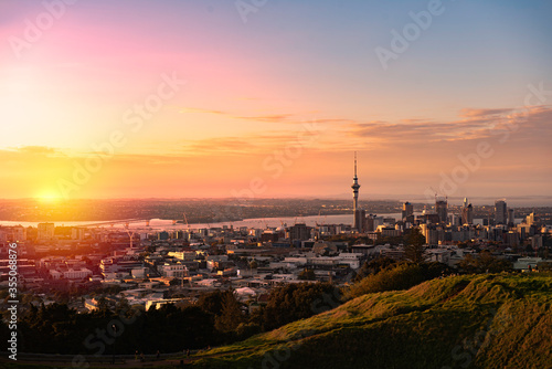 Sunset over Mt Eden  Sky Tower  Sky City  Auckland  New Zealand