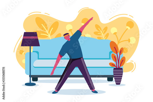 A Man Doing Gymnastics in The Living Room, Work From Home Illustration