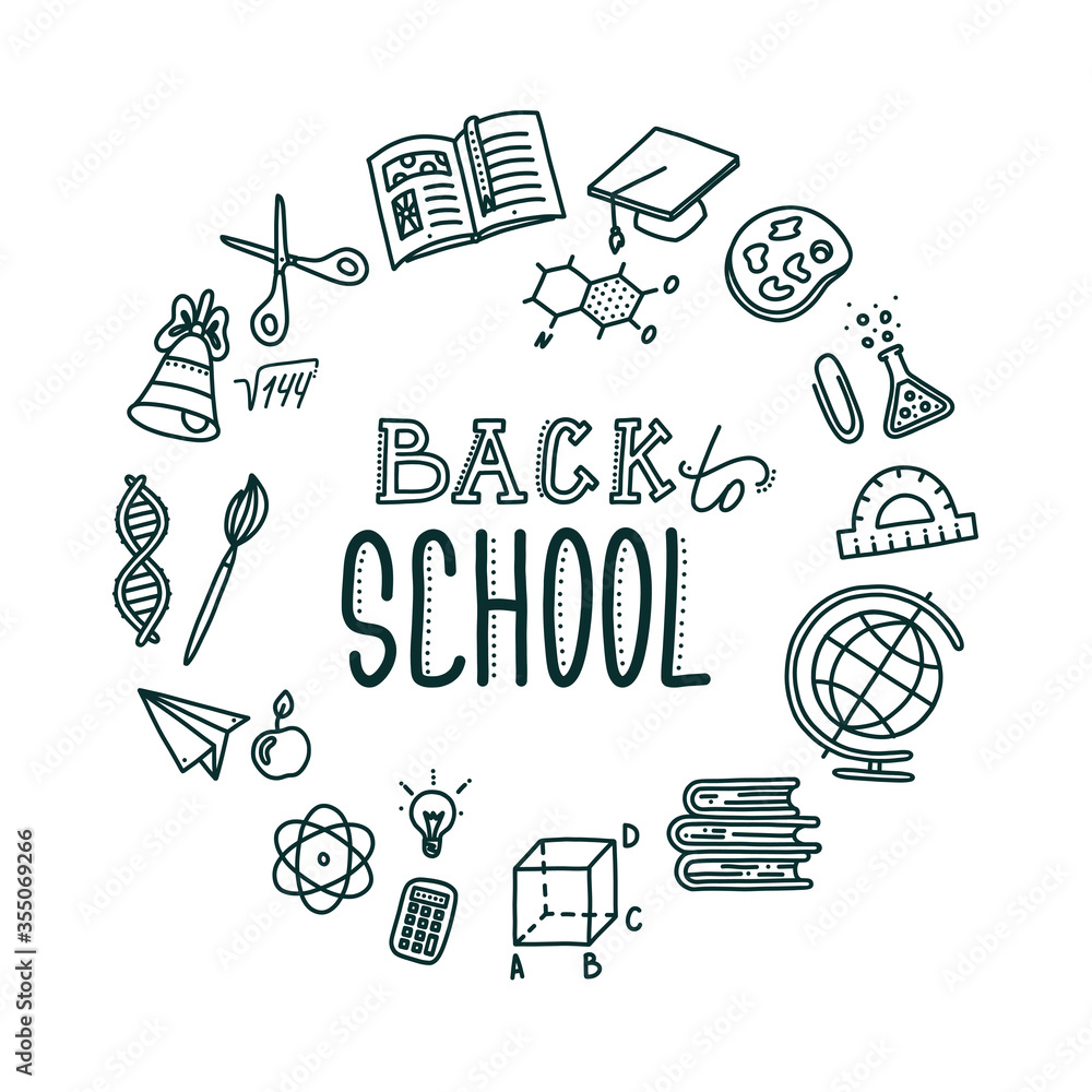 Plakat Back to school round banner with lettering. Hand drawn objects needed in school and associated with education. Vector illustration in doodle style