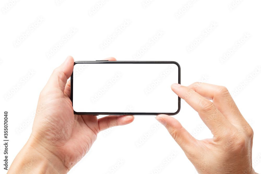 Hand holding smartphone with blank screen for apply display touch screen concept. isolated on white background with clipping path Hand holding smartphone with blank screen for apply display touch screen concept. isolated on white background with clipping path