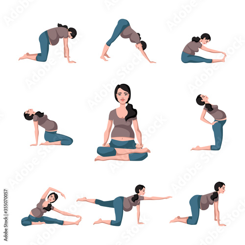 Pregnant females in sportswear while doing yoga. Set yoga for pregnant. Meditation. Relaxation. Vector Illustration in cartoon style isolated on white background.