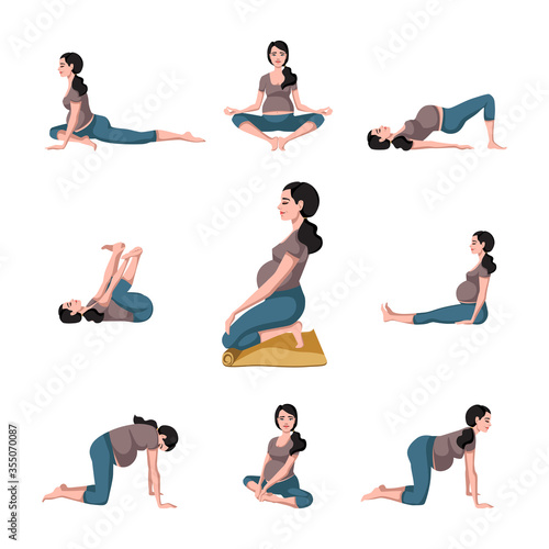 Pregnant females in sportswear while doing yoga. Set yoga for pregnant. Meditation. Relaxation. Vector Illustration in cartoon style isolated on white background.