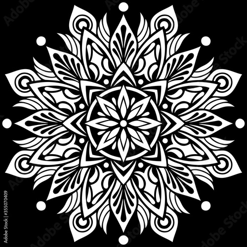White mandala pattern on black stencil doodles sketch