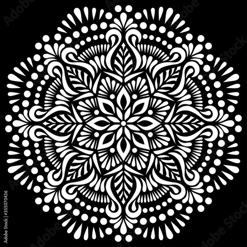White mandala pattern on black stencil doodles sketch