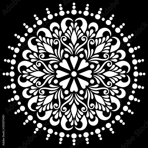 White mandala pattern on black stencil doodles sketch