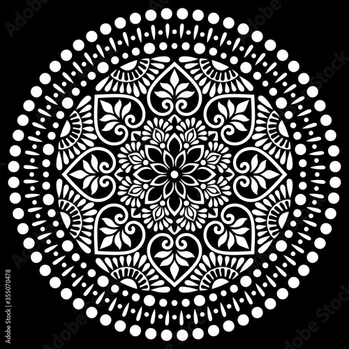 White mandala pattern on black stencil doodles sketch