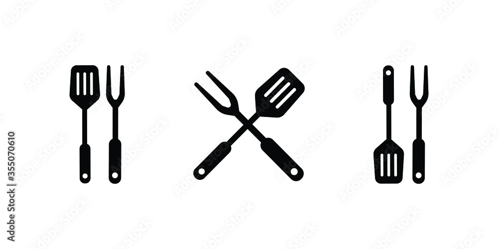 BBQ or grill tools icon. Crossed barbecue fork with spatula. Black ...