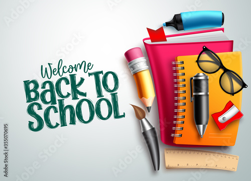 Back to school vector background. Welcome back to school text in white empty space with colorful education supplies, elements and items for educational and learning designs. Vector illustration.
