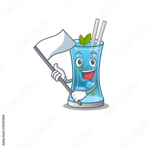 A heroic blue hawai cocktail mascot character design with white flag