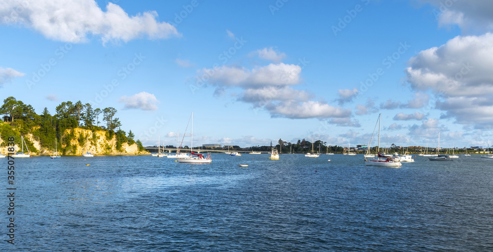 Landscape Scenery Boats Around Herald Island Wharf, Auckland New Zealand