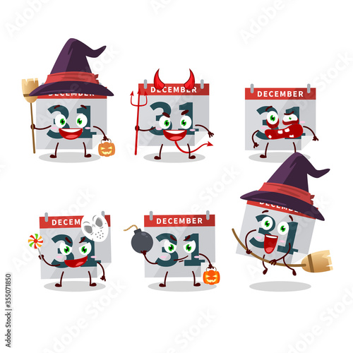 Halloween expression emoticons with cartoon character of december 31th calendar