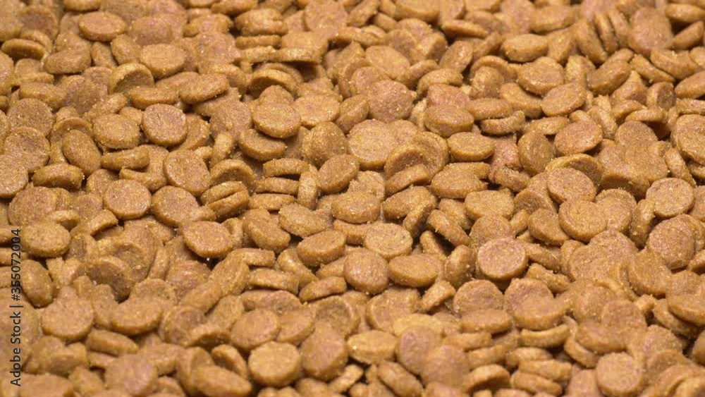 Closeup graded 60 fps shot of the healthy dry food for dog or cat on a turntable, filmed with a macro lens in UHD Closeup graded 60 fps shot of the healthy dry food for dog or cat on a turntable, filmed with a macro lens in UHD