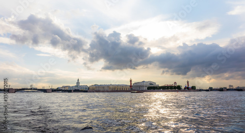 View on Saint Petersburg's embankments riverbanks from a boat in the evening