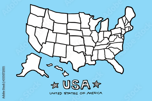 The United States of America, USA map illustration doodle sketch drawing, vector