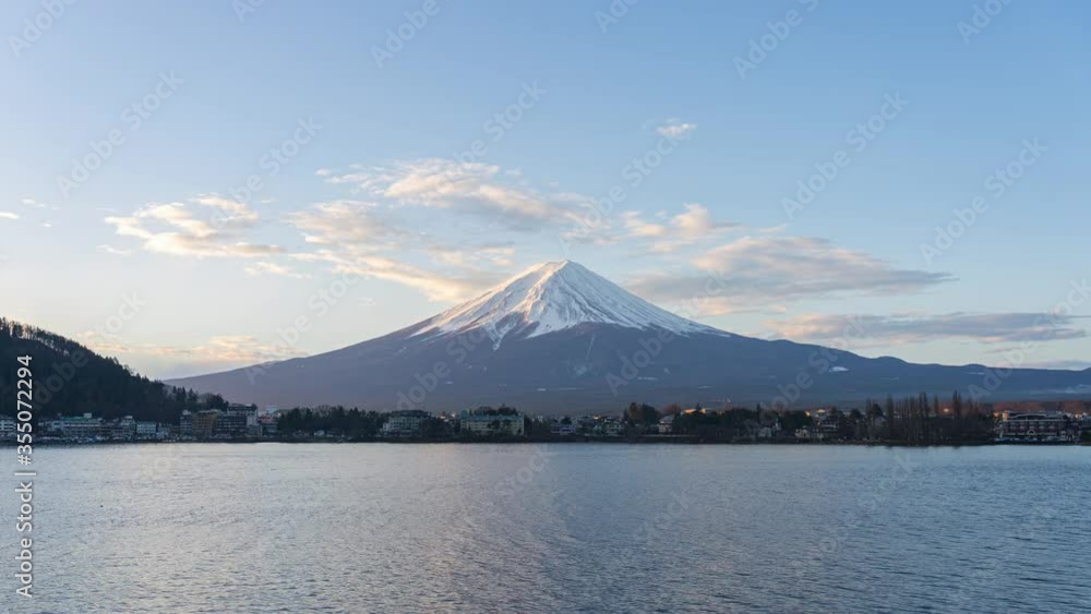 Kawaguchiko skyline with view of Mount Fuji in Japan