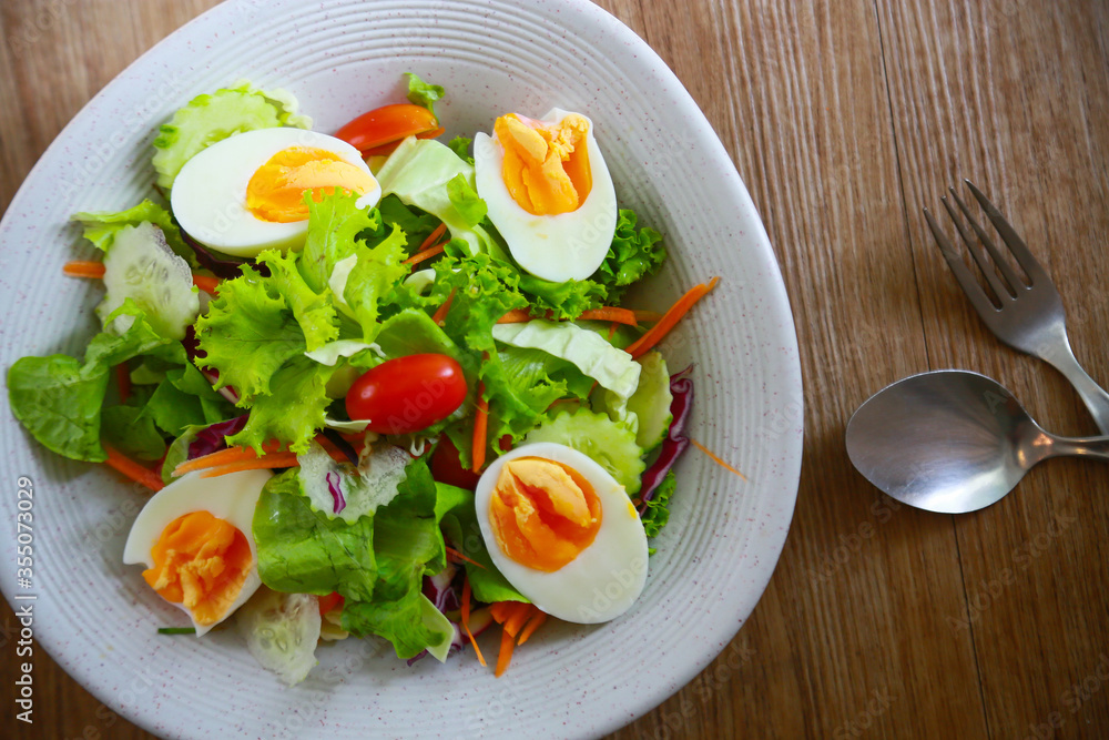 Fresh salad with fruit in breakfast for clean and healthy food. Salad in top view and empty area for text. Fresh salad with fruit in breakfast for clean and healthy food. Salad in top view and empty area for text.