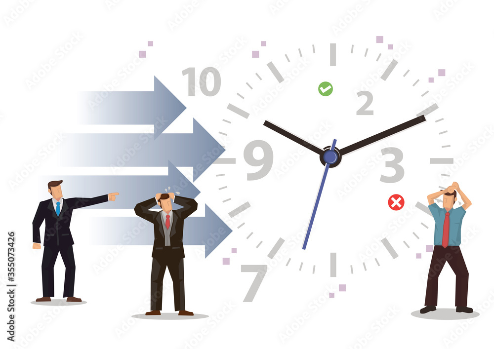 Businessmen with clock face, numbers and arrows. Businessmen with clock face, numbers and arrows.