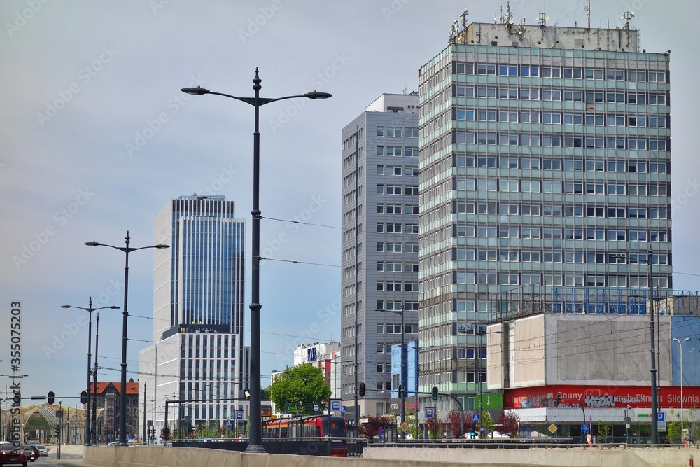 Architecture in the center of lodz. Offices, hotels, banks and shopping centers