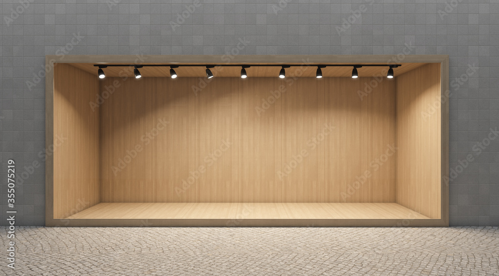 Shop window display, Empty storefront, Showcase on the street.mock up