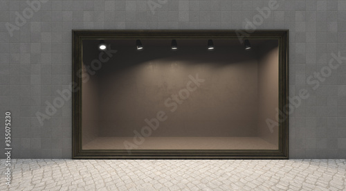 Shop window display, Empty storefront, Showcase on the street.mock up 3D render	