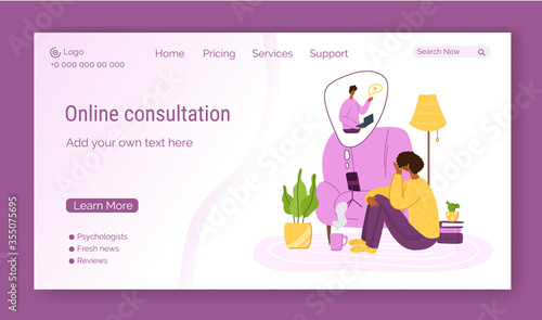 Psychological online services landing page template - girl talking with psychologist by video call and smart phone at home, individual distance therapy session or consultation by internet - vector