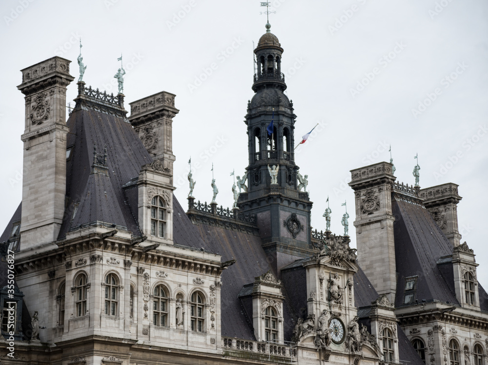 Renaissance style gorgeous building with dark roof, chimneys, clock, tower