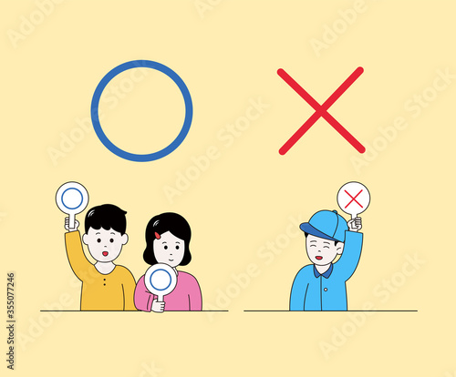 Children Playing OX Quiz illustration set. True, False, game, Question, Kids Vector drawing. Hand drawn style.