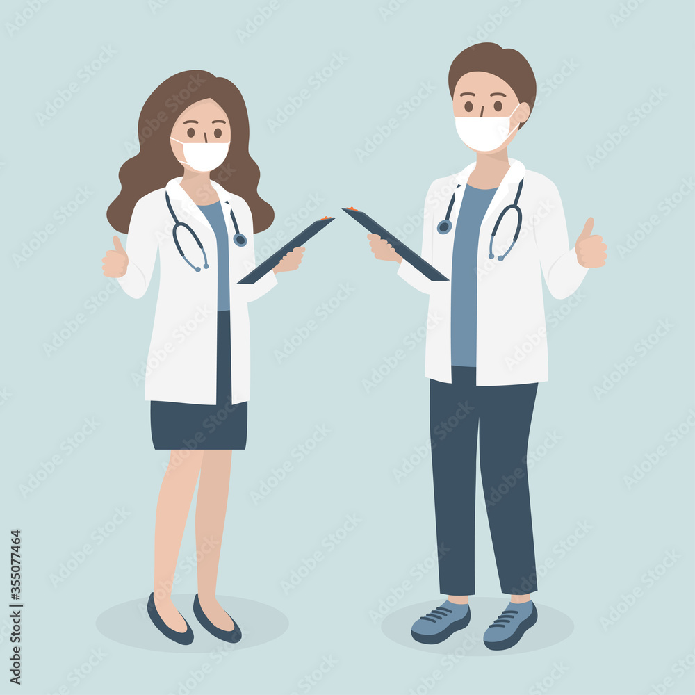 Female and male doctor with stethoscope and patient record, wearing medical face mask to protect against Coronavirus pandemic. Consultation, diagnosis and medicine concept. Flat vector illustration. Female and male doctor with stethoscope and patient record, wearing medical face mask to protect against Coronavirus pandemic. Consultation, diagnosis and medicine concept. Flat vector illustration.