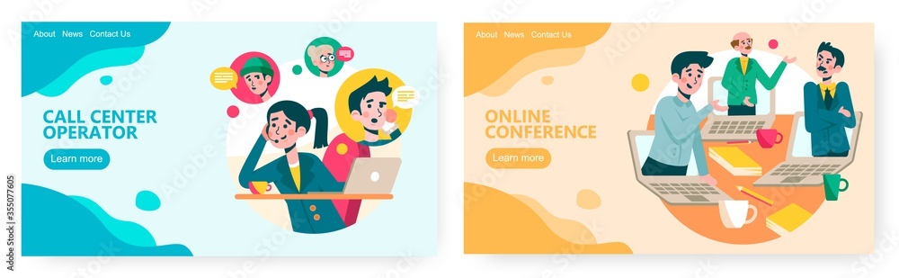 Online video conference, business team communication. Call center operator. Online video chat concept illustration. Vector web site design template. Landing page website illustration Online video conference, business team communication. Call center operator. Online video chat concept illustration. Vector web site design template. Landing page website illustration