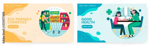Vegan and organic cosmetics store. Nurse takes blood test sample from patient in hospital. Concept illustration. Vector web site design template. Landing page website illustration