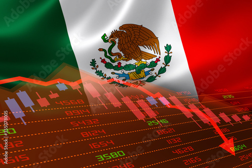 Mexico Flag and Economic Downturn With Stock Exchange Market Indicators in Red. Concept of Covid-19 coronavirus effect on the economy.