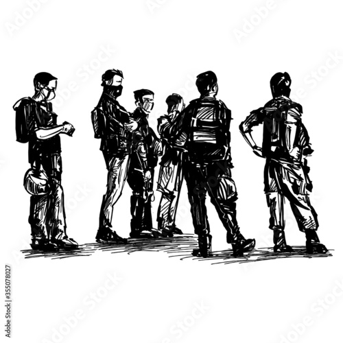 Drawing of Hong Kong police are standing to waiting protesters 