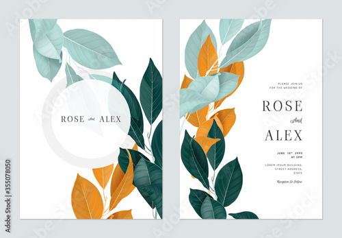 Foliage wedding invitation card template design, leaves in blue, green and orange tones
