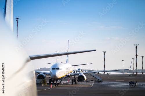 Airplanes parked at airport in Vilnius, Lithuania