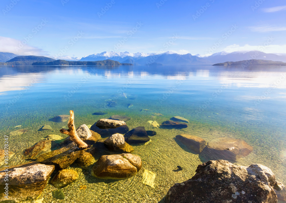 Landscape Scenery of Lake Manapouri, South Island - New Zealand; Calm Morning Time Landscape Scenery of Lake Manapouri, South Island - New Zealand; Calm Morning Time