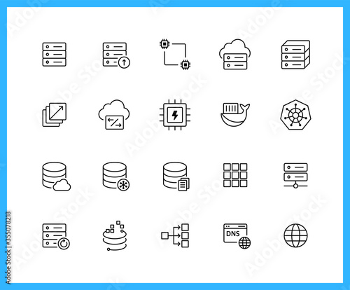 Collection of UI UX black linear icons.  Cloud, Compute, Storage, Networking. Set of cloud platform symbols drawn with thin contour lines. Vector illustration.