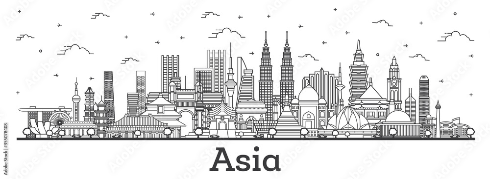 Asian Landscape. Outline Famous Landmarks in Asia. Vector Illustration.