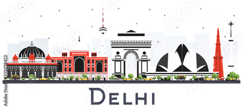 Delhi India City Skyline with Color Buildings Isolated on White Background.