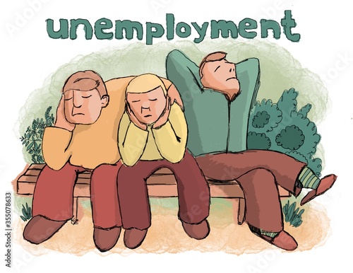 фотографія Three sad men sit lounging on a bench and the inscription unemployment on top