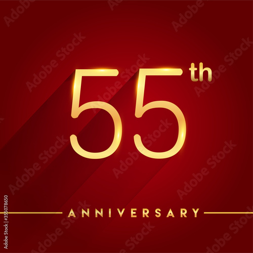 Celebrating of 55th years anniversary, logotype golden colored isolated on red background, vector design for greeting card and invitation card