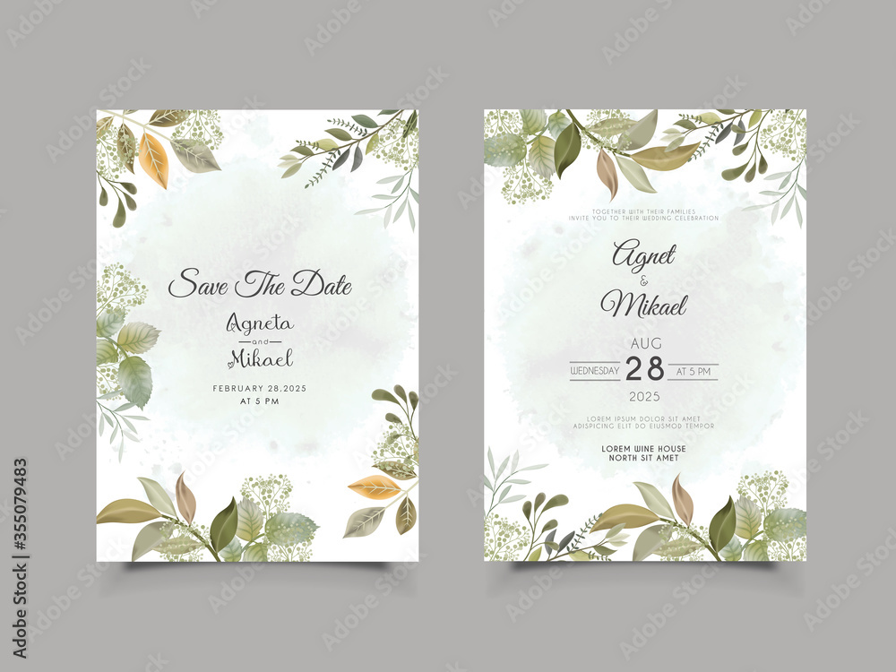 wedding invitation card with elegant flower and leaves